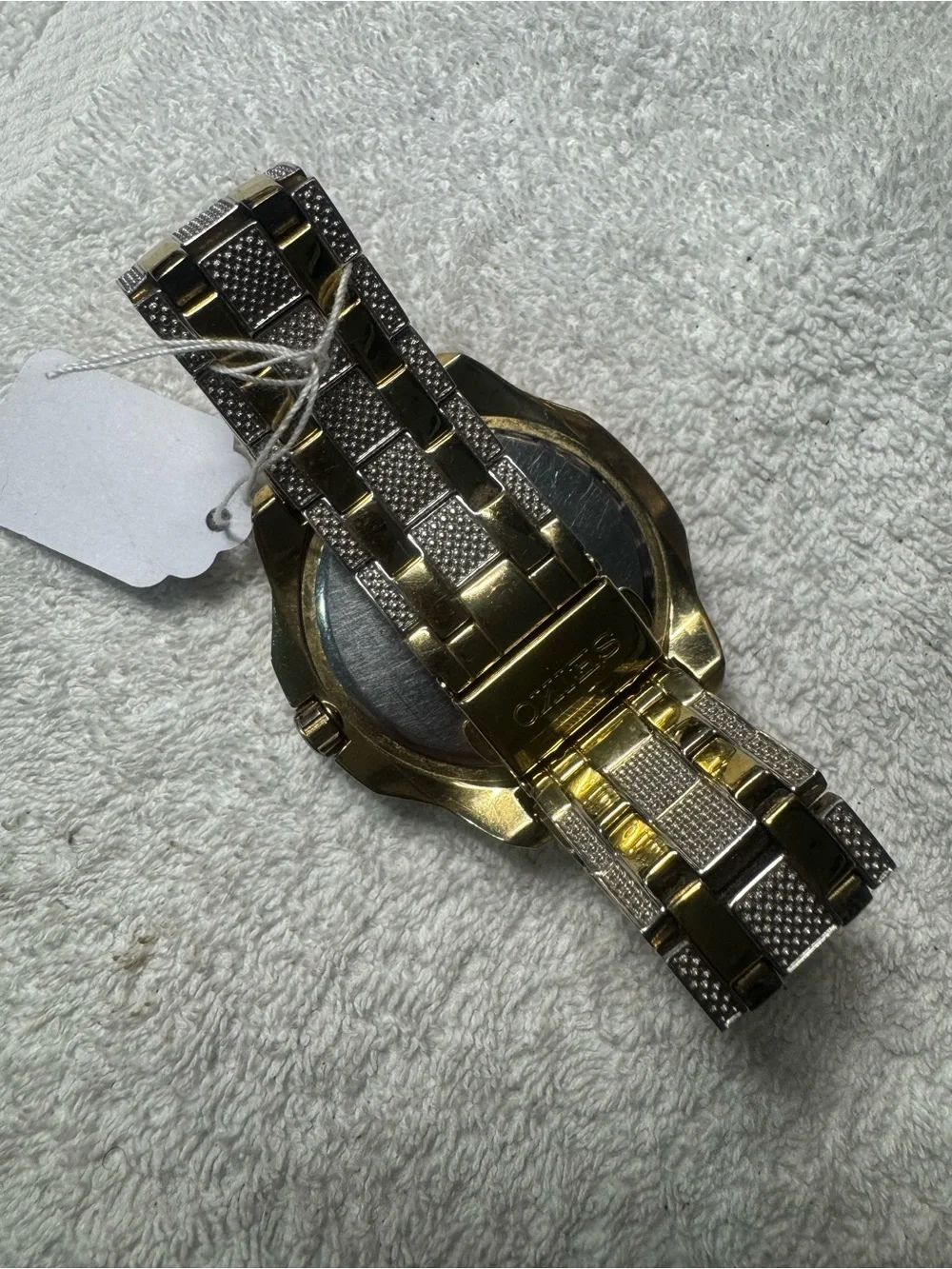 Seiko Gold-Tone Watch with Black Dial and Crystal Accents